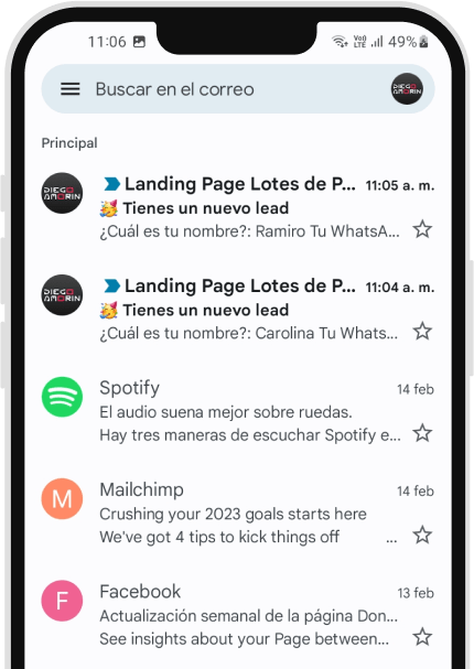Notificación de un lead recibida por email